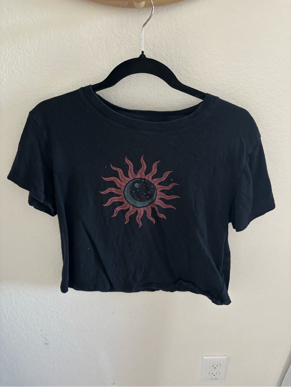 American Eagle Outfitters Black Crop Tee with Red Sun Graphic